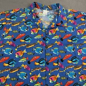 Alexander‎ Henry Men Shirt Fish Print Blue Cotton 1998 Tropicana Hawaiian XXL
